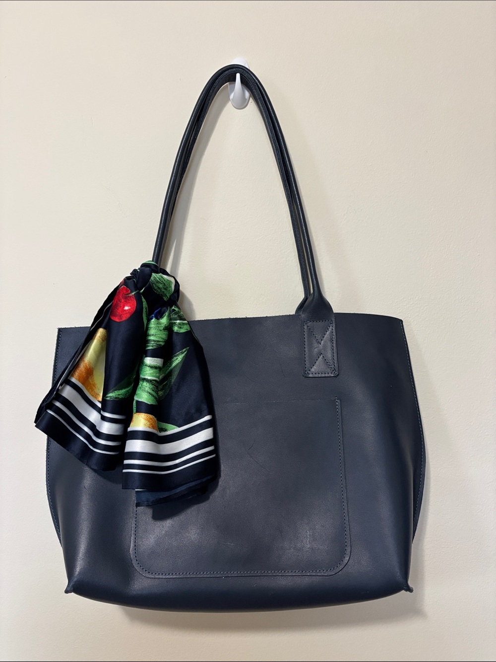 BUBO Handmade Navy Leather Tote Bag Front Pocket Everyday Small Tote Shoulder